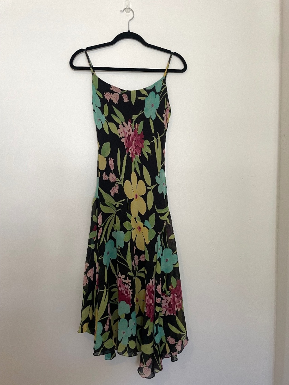 Vintage 100% Silk Black Long Floral Tank Dress, Flutter Hem, 90s Y2k, Size 10